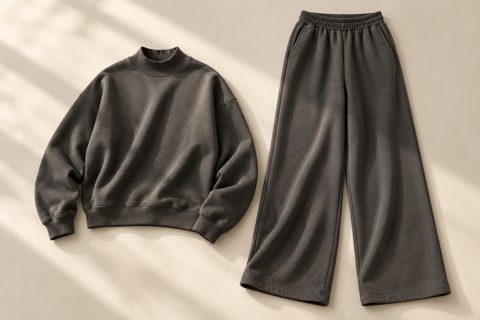 Concept styling of a charcoal mock-neck sweatshirt and relaxed pants on an ivory surface